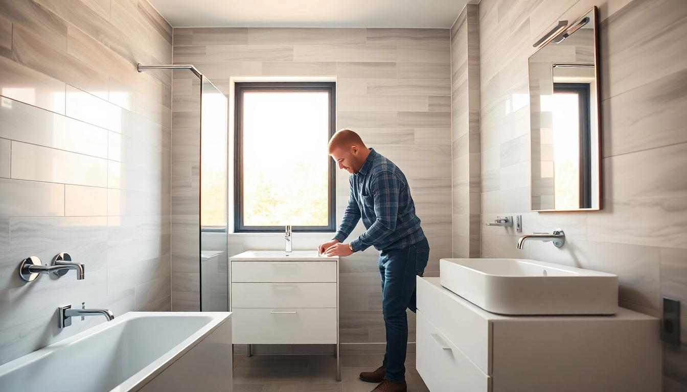 Bathroom fitters Manchester expertly installing a stylish bathroom vanity in a modern setting.