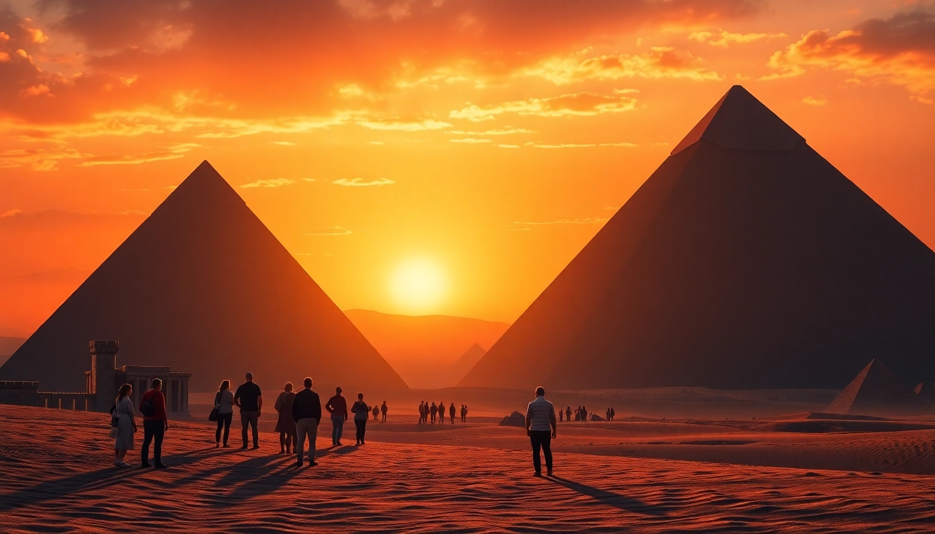 Visitors admiring the stunning piraminds against a sunset backdrop, showcasing ancient architectural beauty.