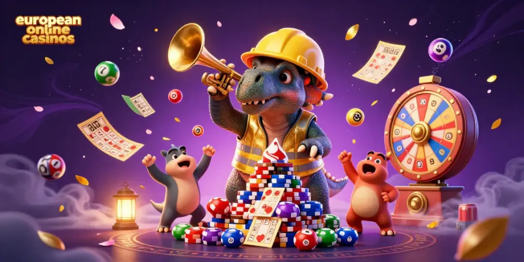 Engage with the vibrant world of european online casinos featuring celebratory 3D animals amidst gaming elements.