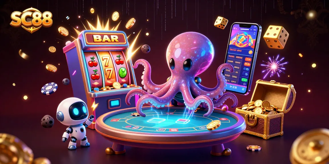 Experience SC88's thrilling virtual casino world with an alien octopus and robot gambler.