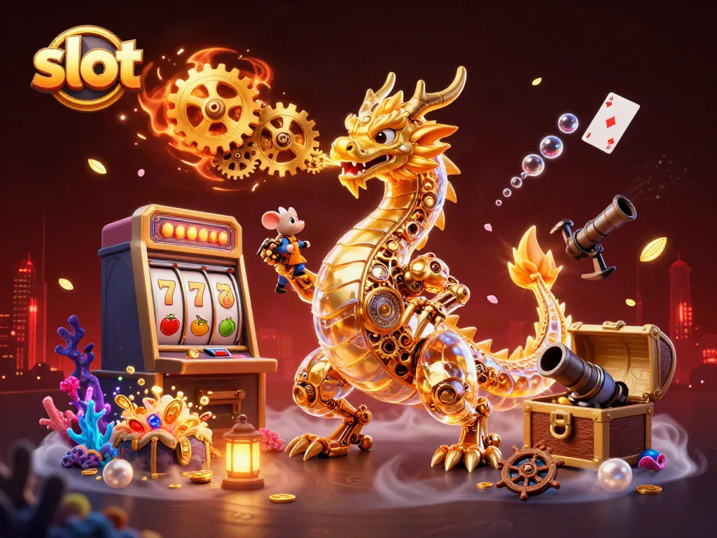 Experience dynamic slot gameplay with a golden dragon and maintenance mouse in a vibrant casino scene.
