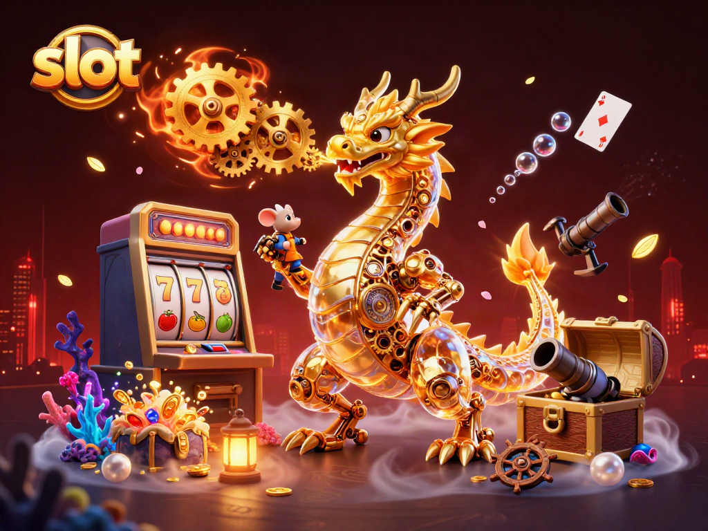 Experience dynamic slot gameplay with a golden dragon and maintenance mouse in a vibrant casino scene.