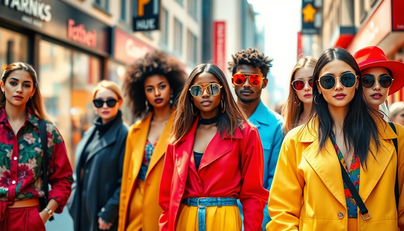 Fashion-forward individuals showcasing diverse, trendy outfits in an urban setting.