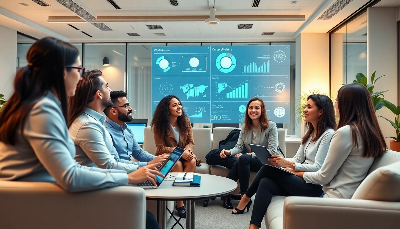 Dynamic team collaborating with an enterprise assistant in a modern office.
