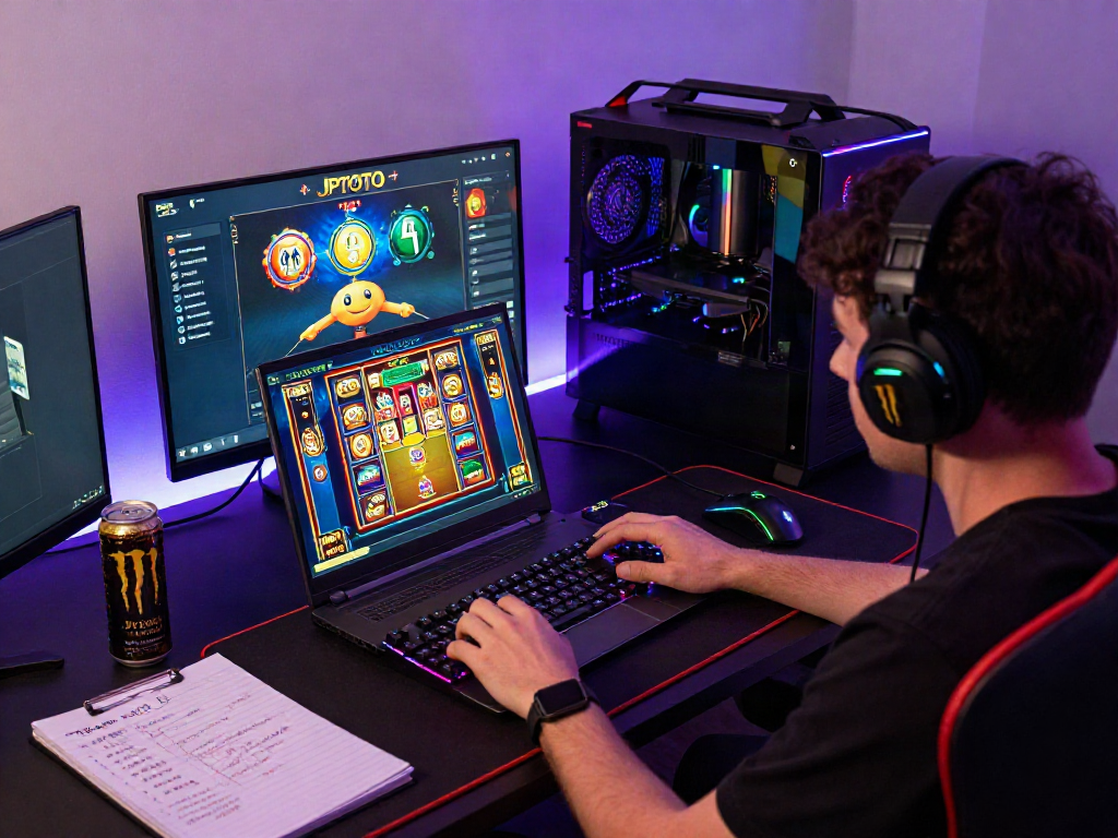 JPTOTO login di layar laptop saat bermain jackpot online dengan suasana gaming yang menarik.