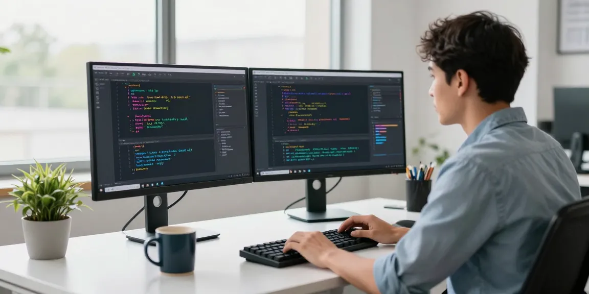Developer coding 纸飞机中文版 on dual monitors in a modern office environment.