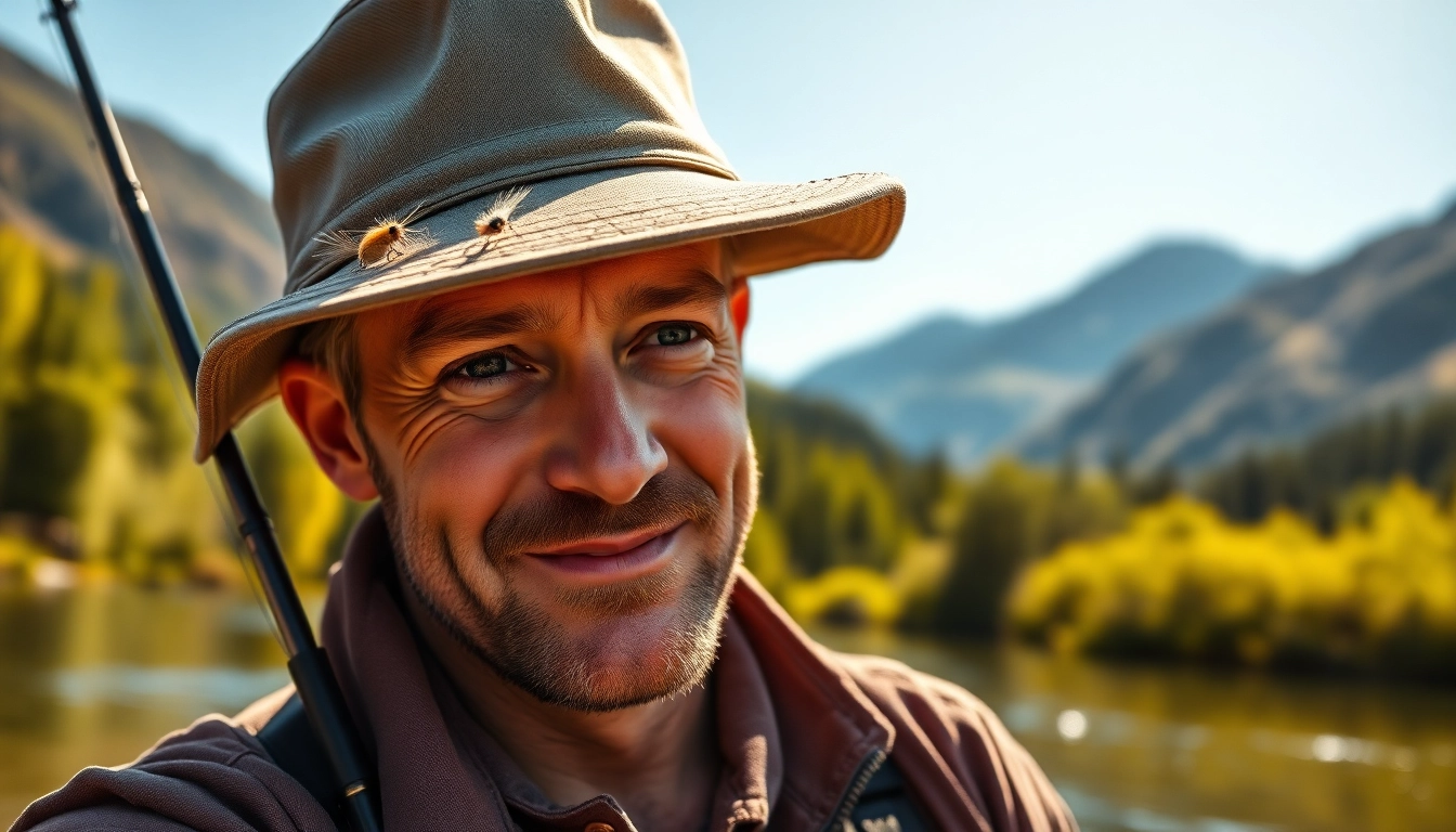 Wear a stylish fly fishing hat while fishing in a serene lake environment.