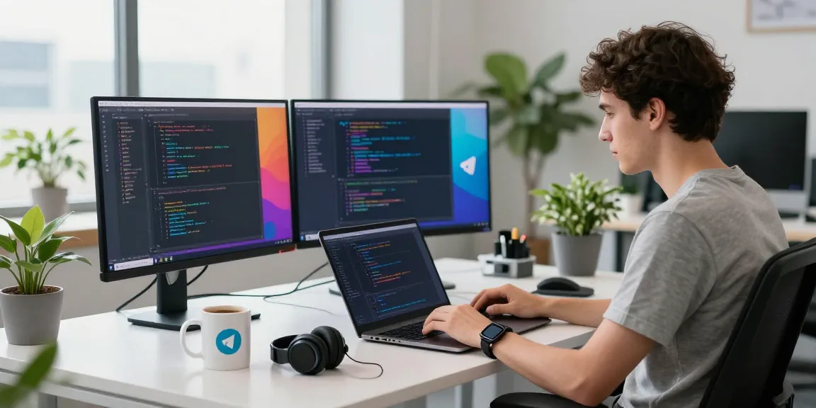 Developer using 纸飞机中文版 application on multiple monitors in a modern workspace.