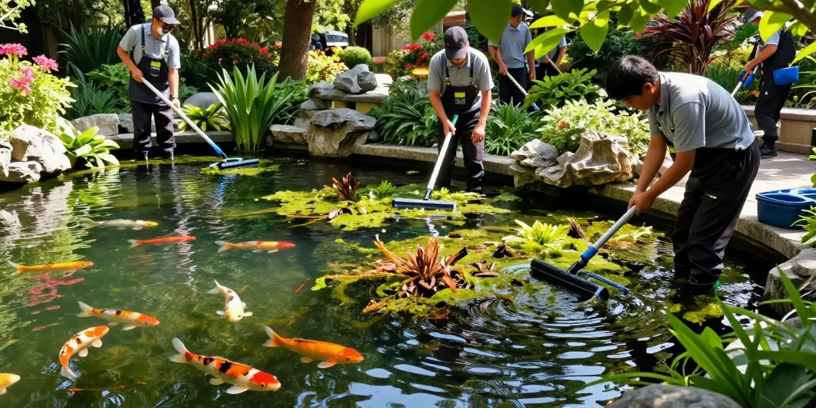Pond Cleaning Surrey: Professionals cleaning a garden pond with colorful koi fish and aquatic plants in a serene setting.