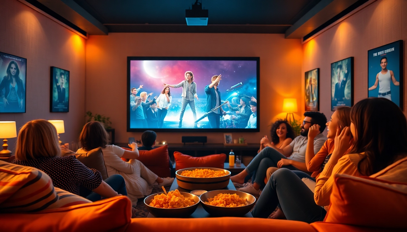Enjoying a thrilling หนังออนไลน์ with friends in a cozy home theater setting.