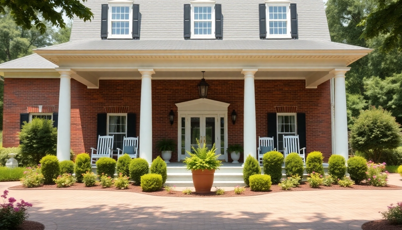 Showcasing a colonial home build surrounded by a lush garden, highlighting architectural elegance.