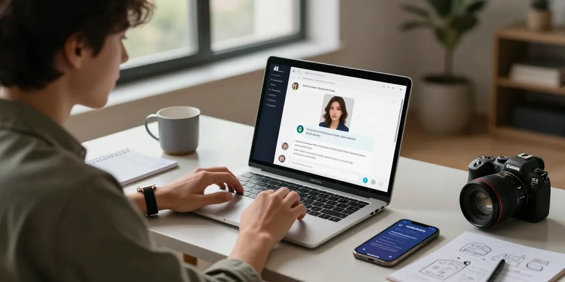 User engaging in an AI NSFW chat at a modern desk with an open laptop showing an interactive platform.