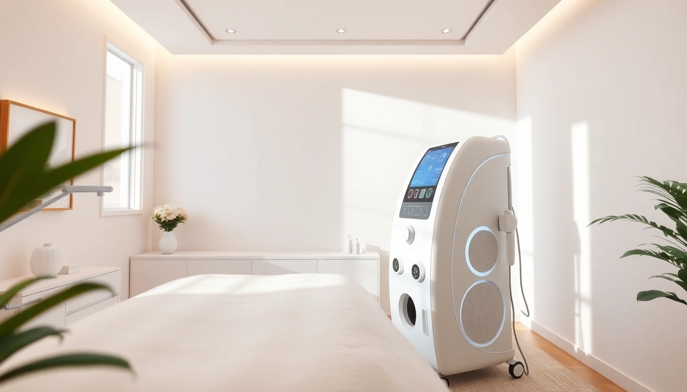 Beauty machine for body fat reduction in a modern treatment room with a soothing atmosphere.