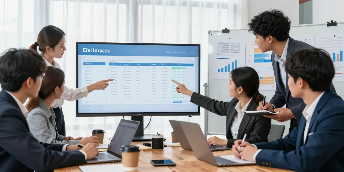 Detect fake invoice during team analysis meeting in a modern office setting with documents and screens.