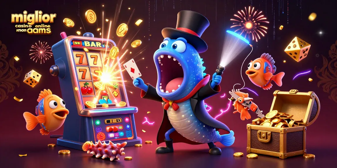 Miglior casino online non aams: un'illustrazione vivace di un pesce profondo in un atto magico con slot e simboli del gioco.