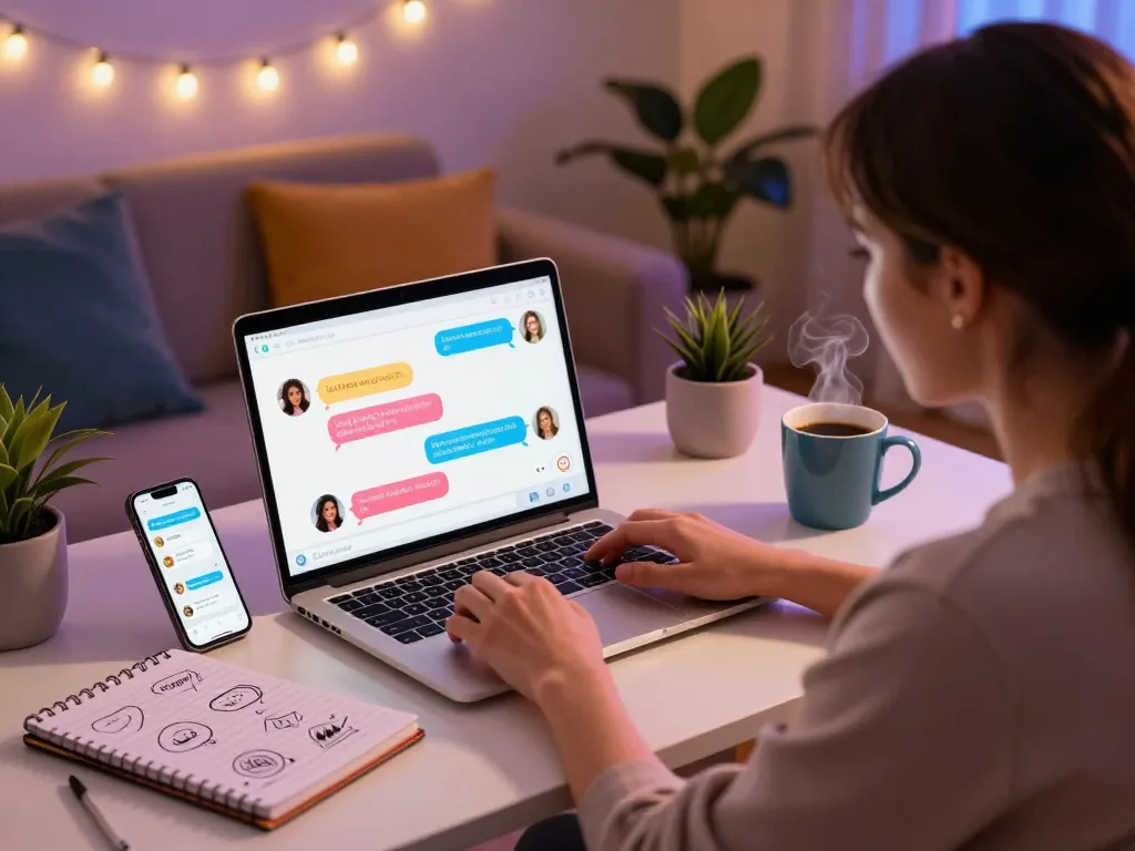 Engaging NSFW AI chat scene with vibrant character interactions at a cozy home desk.