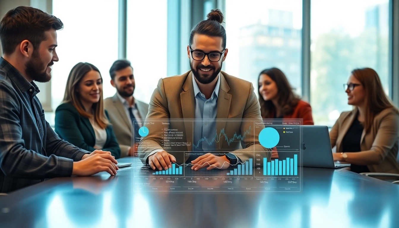 Engaging scene of an enterprise assistant facilitating team collaboration in a modern office.