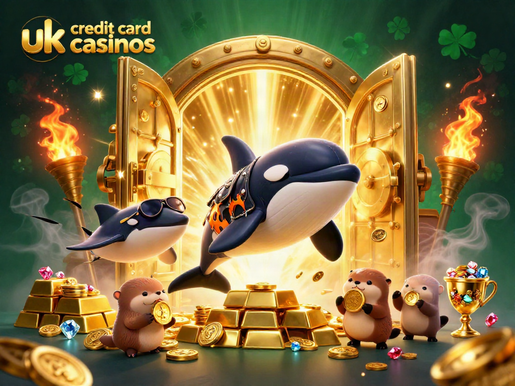 Celebrate winning strategies at uk credit card casinos with vibrant 3D cartoon characters amidst gold treasures.