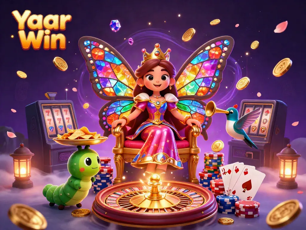 Experience Yaar Win's vibrant games with stunning visuals of a butterfly queen surrounded by golden casino elements.