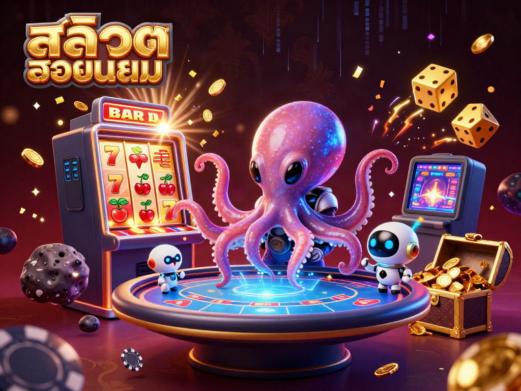 Experience exciting gameplay at สล็อตยอดนิยม with a 3D alien octopus dealing poker and slot machines bursting with coins.