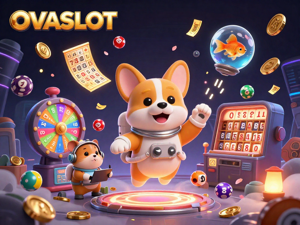 Engage in exciting games at OVASLOT with a vibrant casino scene featuring dynamic characters and elements.
