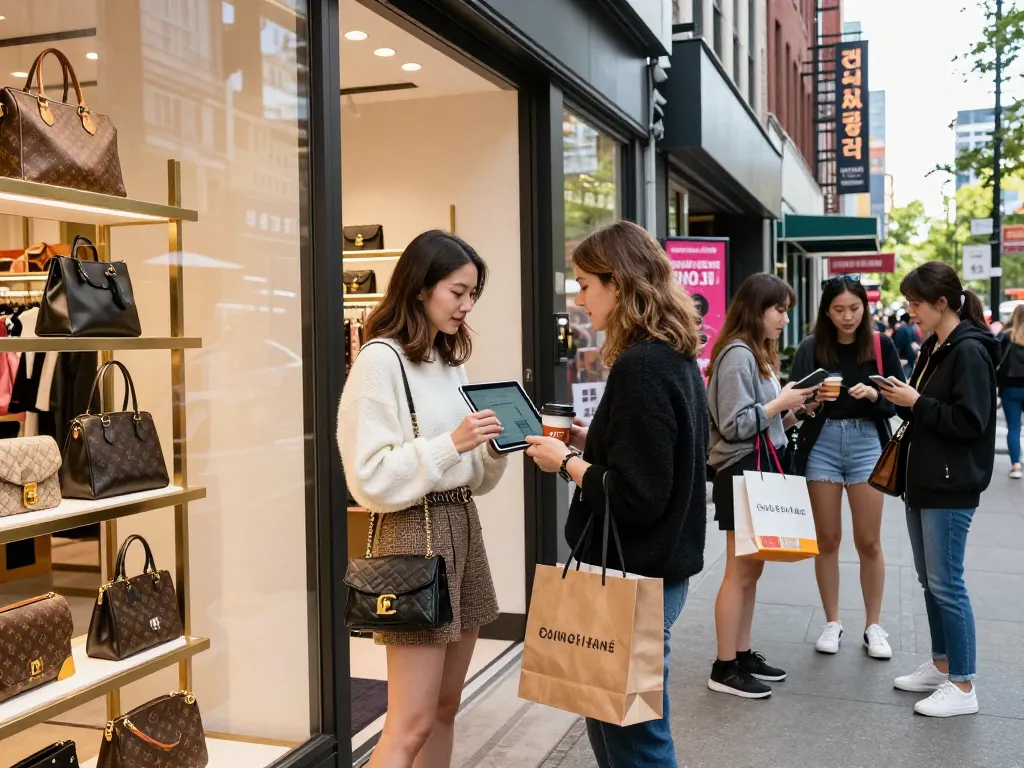 Shopper engaging with a digital tablet at a stylish 레플리카 쇼핑몰, surrounded by luxury replica handbags in a vibrant urban marketplace.