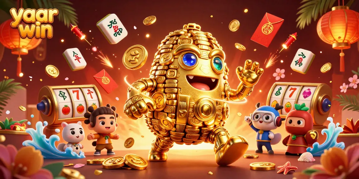 Engage with the exciting yaar win casino scene featuring a golden golem and vibrant slot symbols.