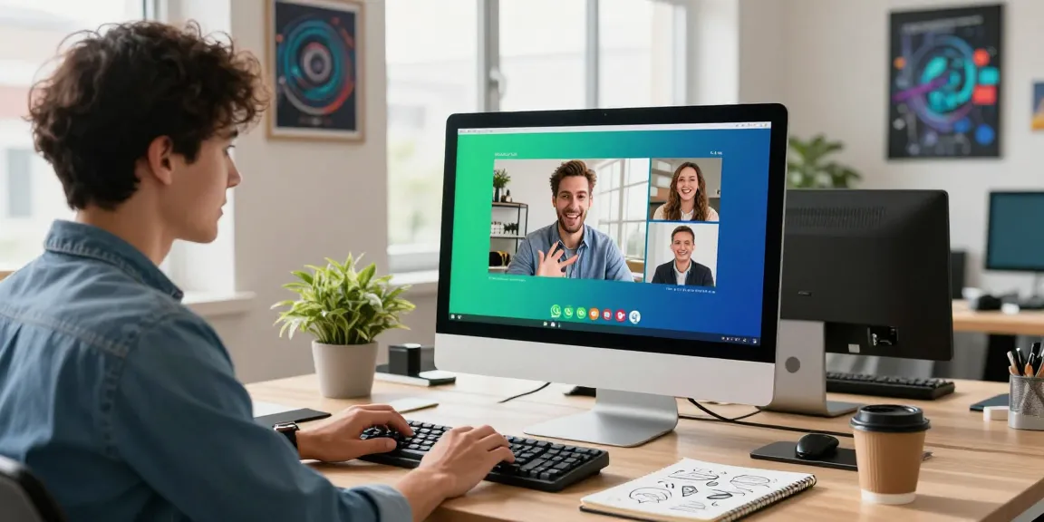Young professional using WhatsApp電腦版 on desktop in a modern office.
