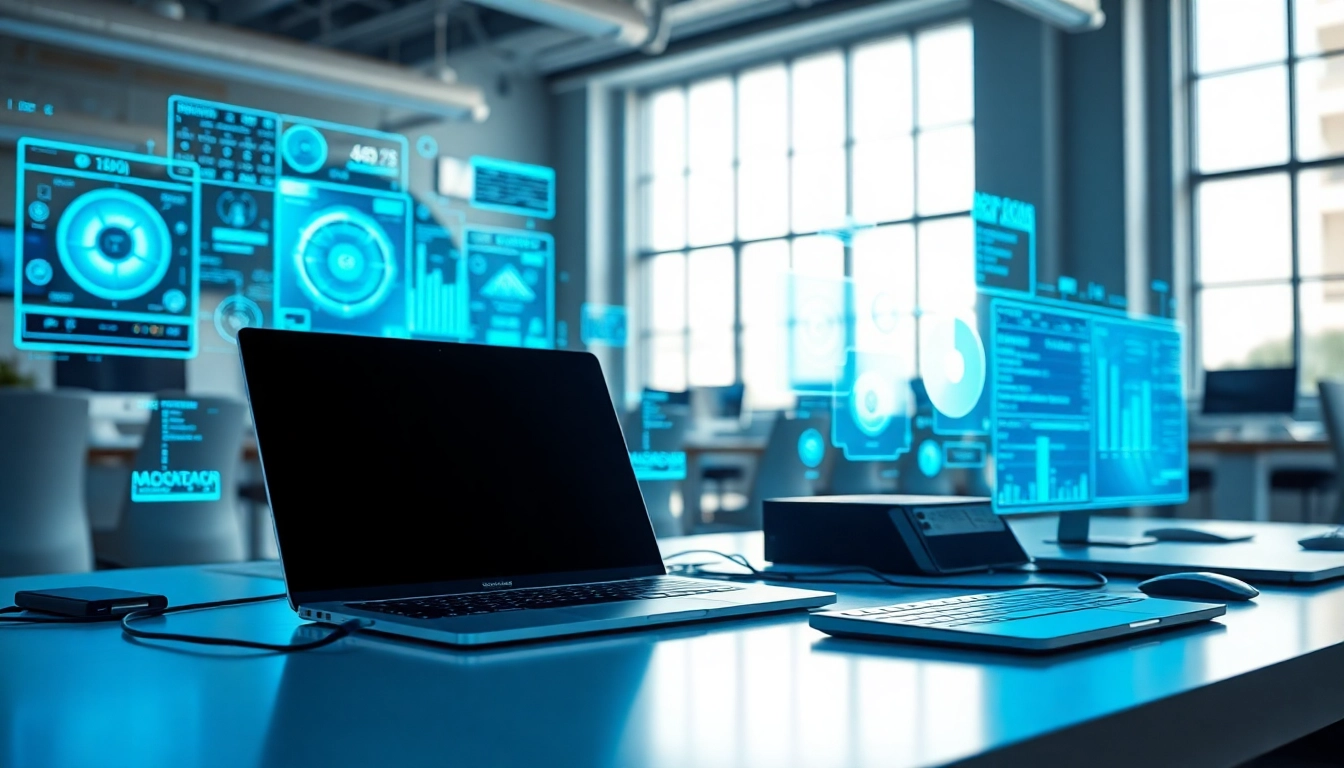 Engaging technology workspace showcasing modern devices amidst digital innovation graphics.