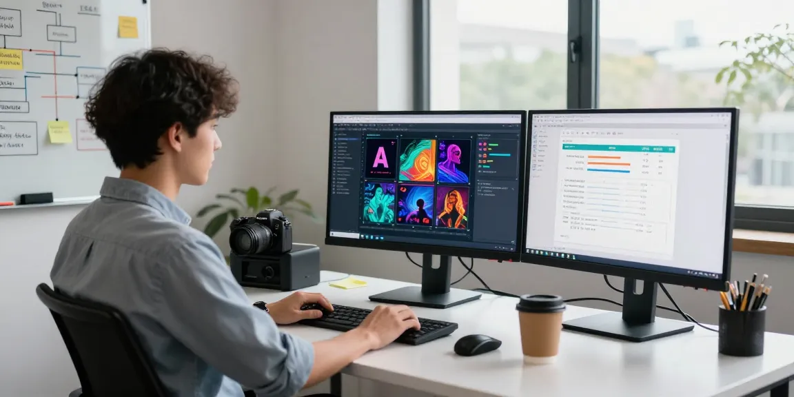 AI image checker analysis in a modern tech workspace with monitors displaying results.