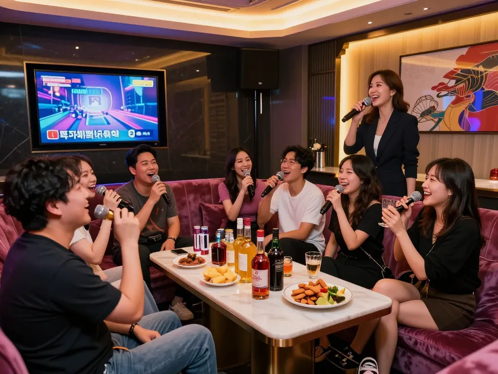 Visitors enjoying the vibrant atmosphere and services at gangnamtune.com karaoke, featuring premium drinks and managers in a luxurious setting.