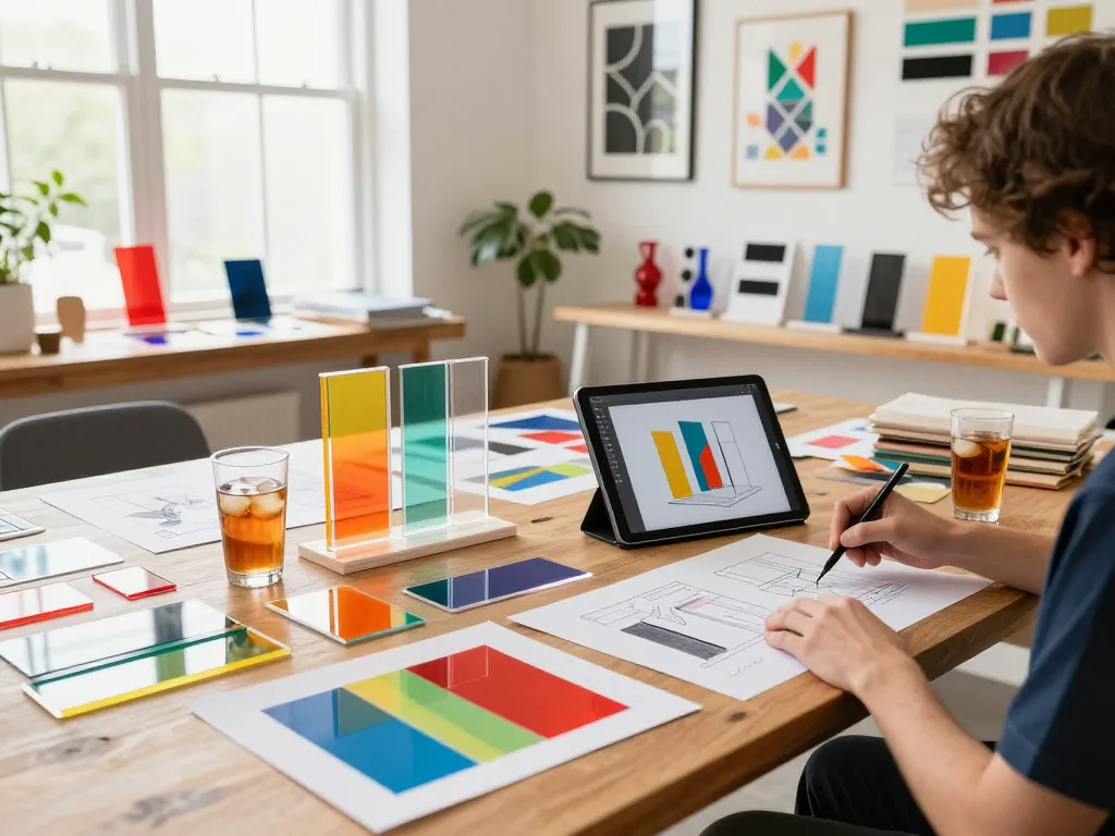 Designer creating colorful acrylic stand in a vibrant workshop studio.