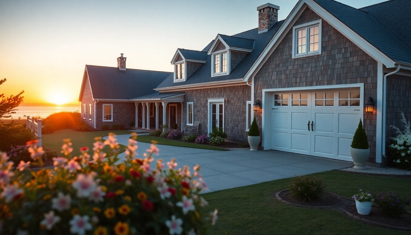 Transform your cape cod home with a stunning attached garage and coastal landscape.