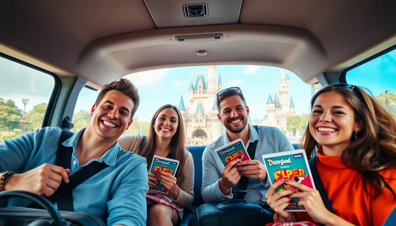 Enjoying Disneyland Paris airport transfer services, a family smiles in a shuttle van with Disneyland backdrop.