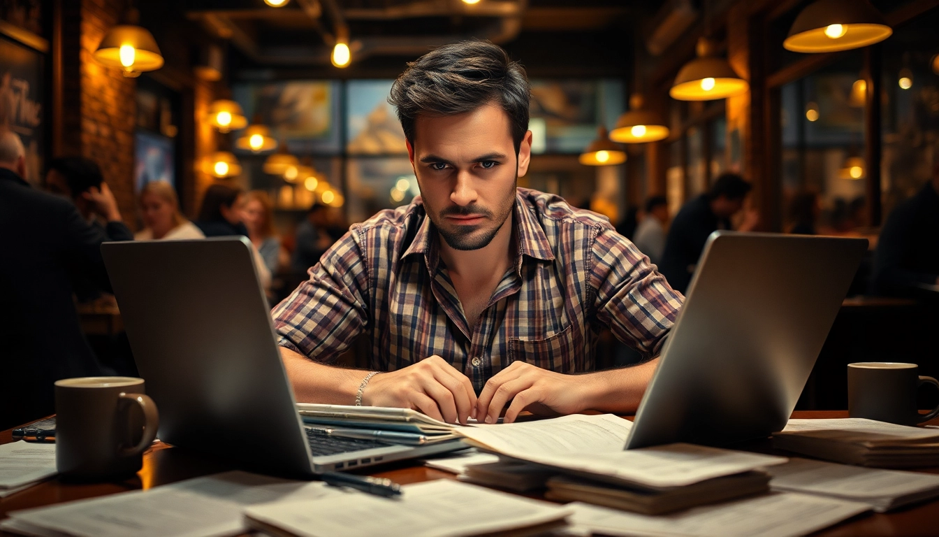 Action thriller author immersed in writing amidst a bustling café scene.