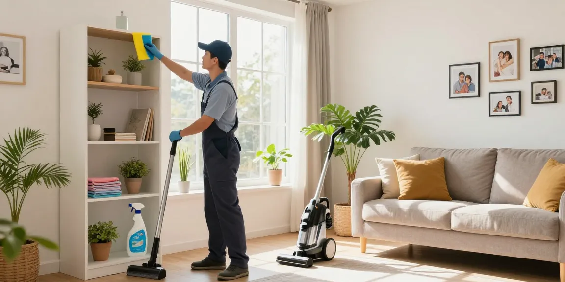 Professional cleaner in bright living room ensuring an immaculate space for atscleaning.co.uk
