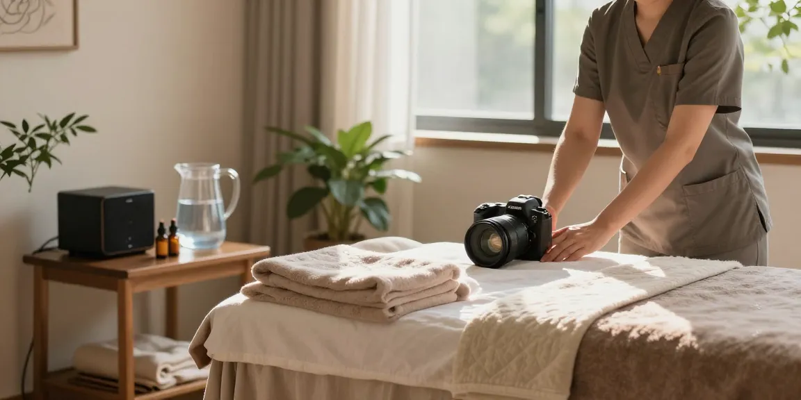 Relaxing 출장안마 setup in a serene home environment with calming decor, therapist preparing for a massage session.