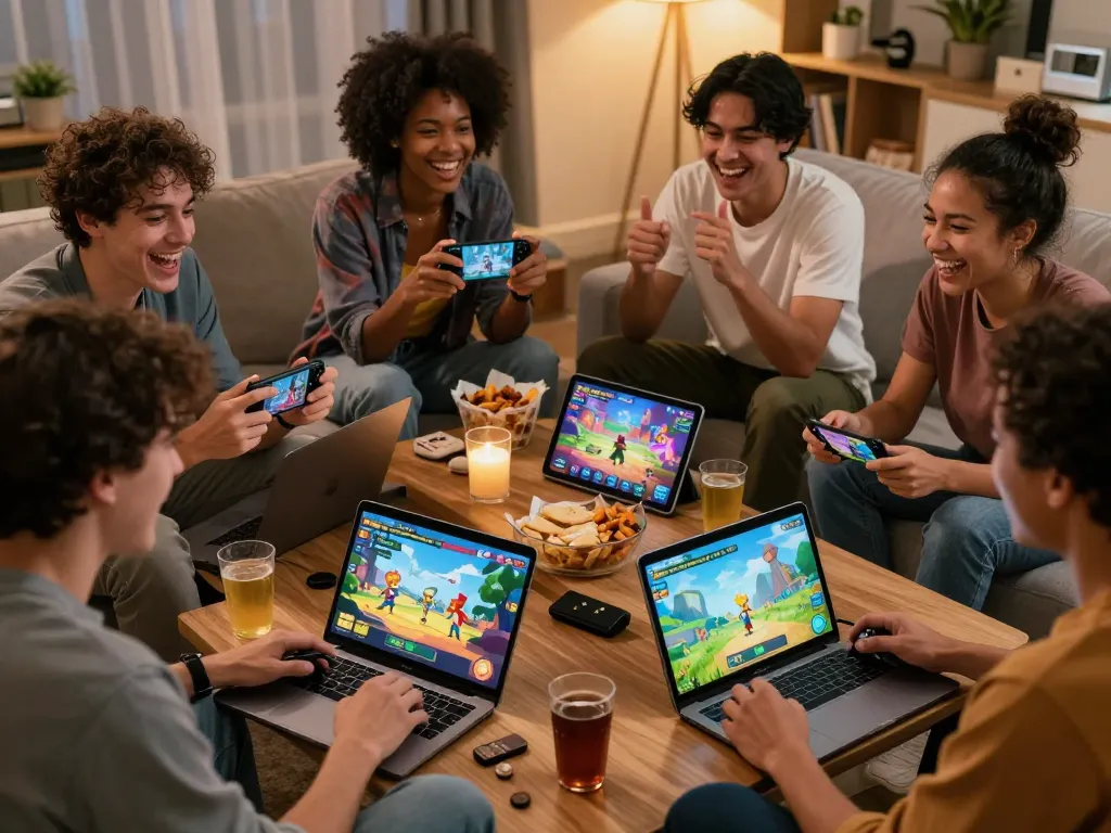 Group enjoying free sex games together on various devices in a cozy setting.