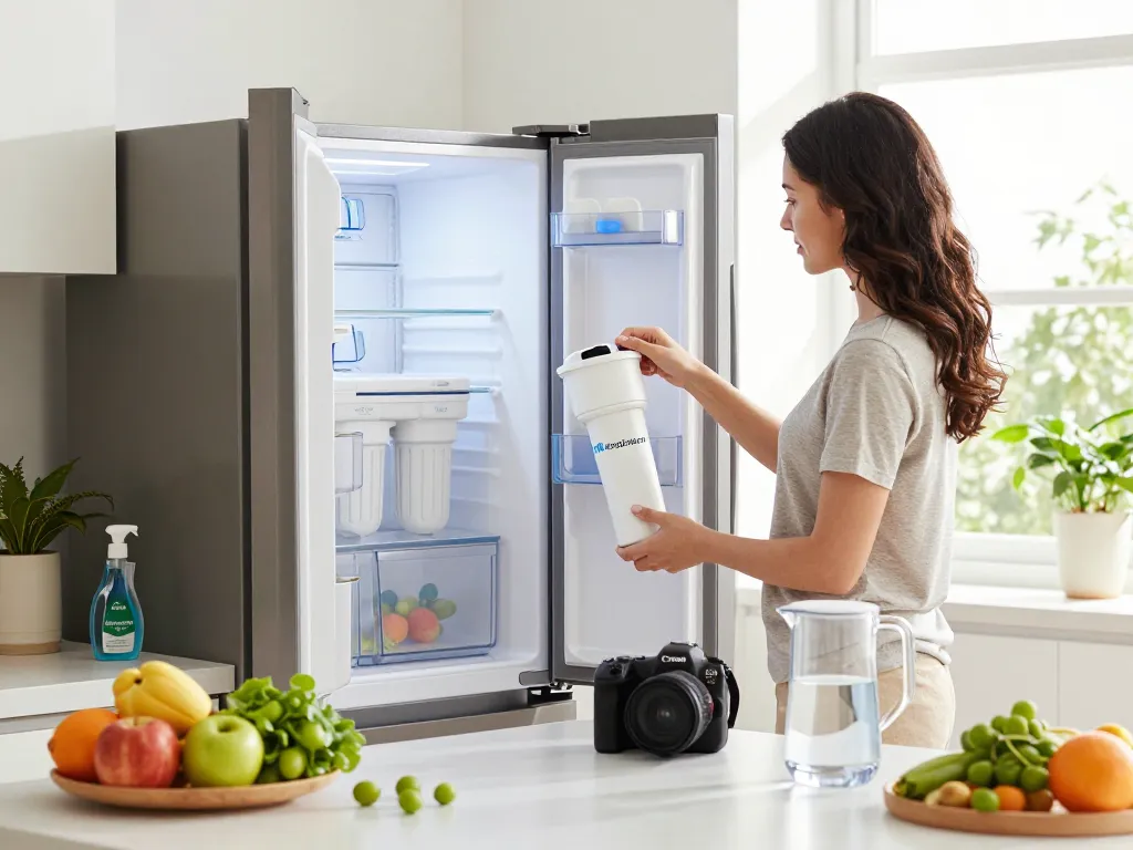 Individual replacing Filterlogic ADQ73613401 Refrigerator Water Filter in a bright kitchen showcasing healthy lifestyle.