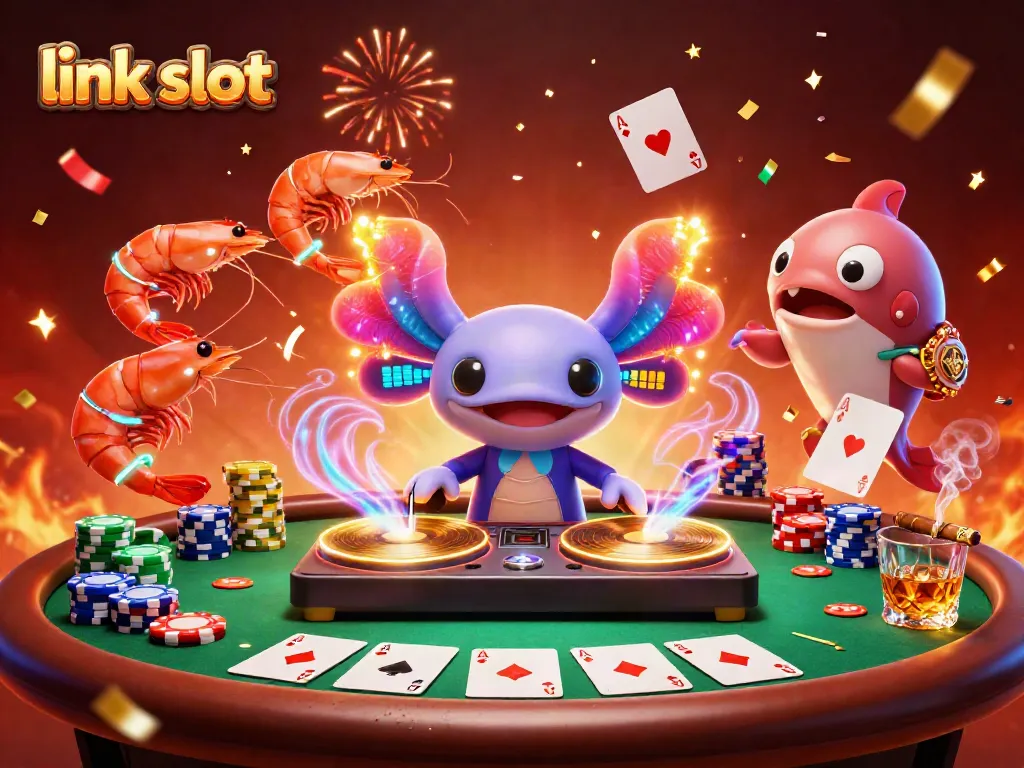 Slot gacor menarik di link slot dengan karakter neon bermain sambil merayakan kemenangan.