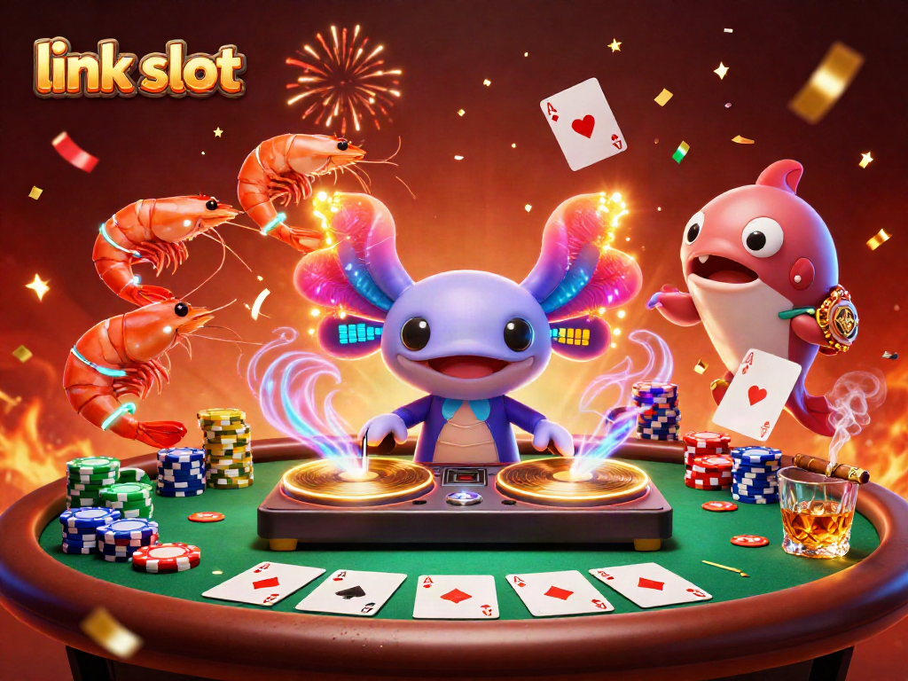 Slot gacor menarik di link slot dengan karakter neon bermain sambil merayakan kemenangan.
