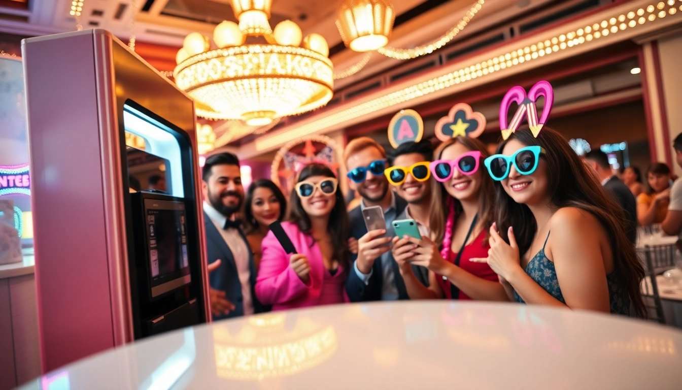 Enjoying Photo Booth Rentals Las Vegas with vibrant props at a lively party setup.