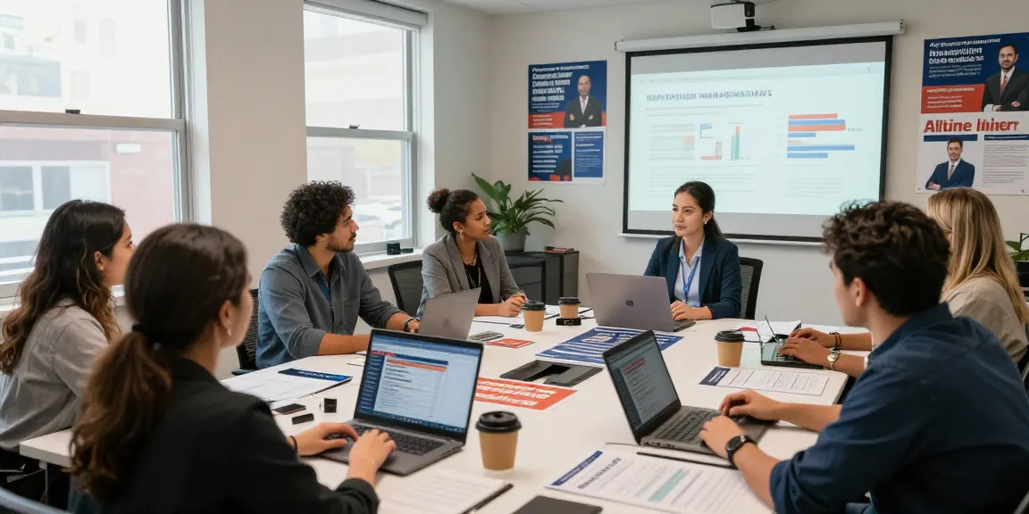 Team strategizing in a political campaign office to protect candidate reputation online with data reports and digital devices.