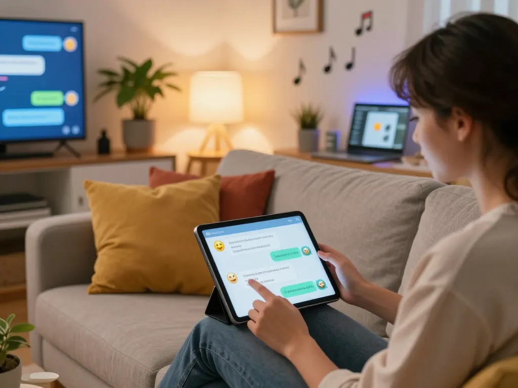 Engaging in sex chat ai conversation on a tablet in a cozy living room.