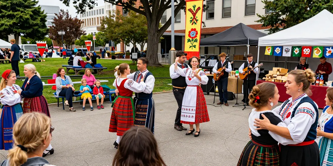 Community celebration at https://www.sfpol.com/ Polish festival in San Francisco with cultural attire and traditional food.