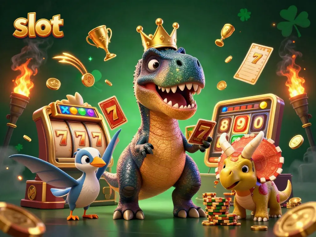 Engage with vibrant slot machines as a T-Rex shuffles cards in a dynamic 3D casino scene.