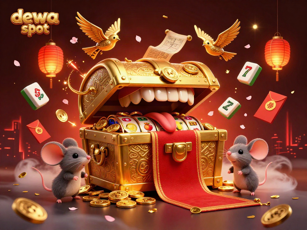 Tampilkan dewa slot dengan peti harta karun emas yang menarik karakter tikus petualang dalam ilustrasi penuh warna.