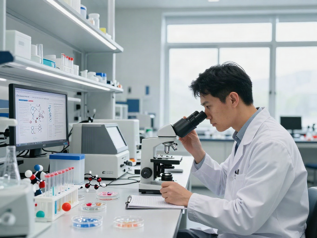 Scientist researching GHK-Cu research peptides in a modern laboratory with advanced equipment.