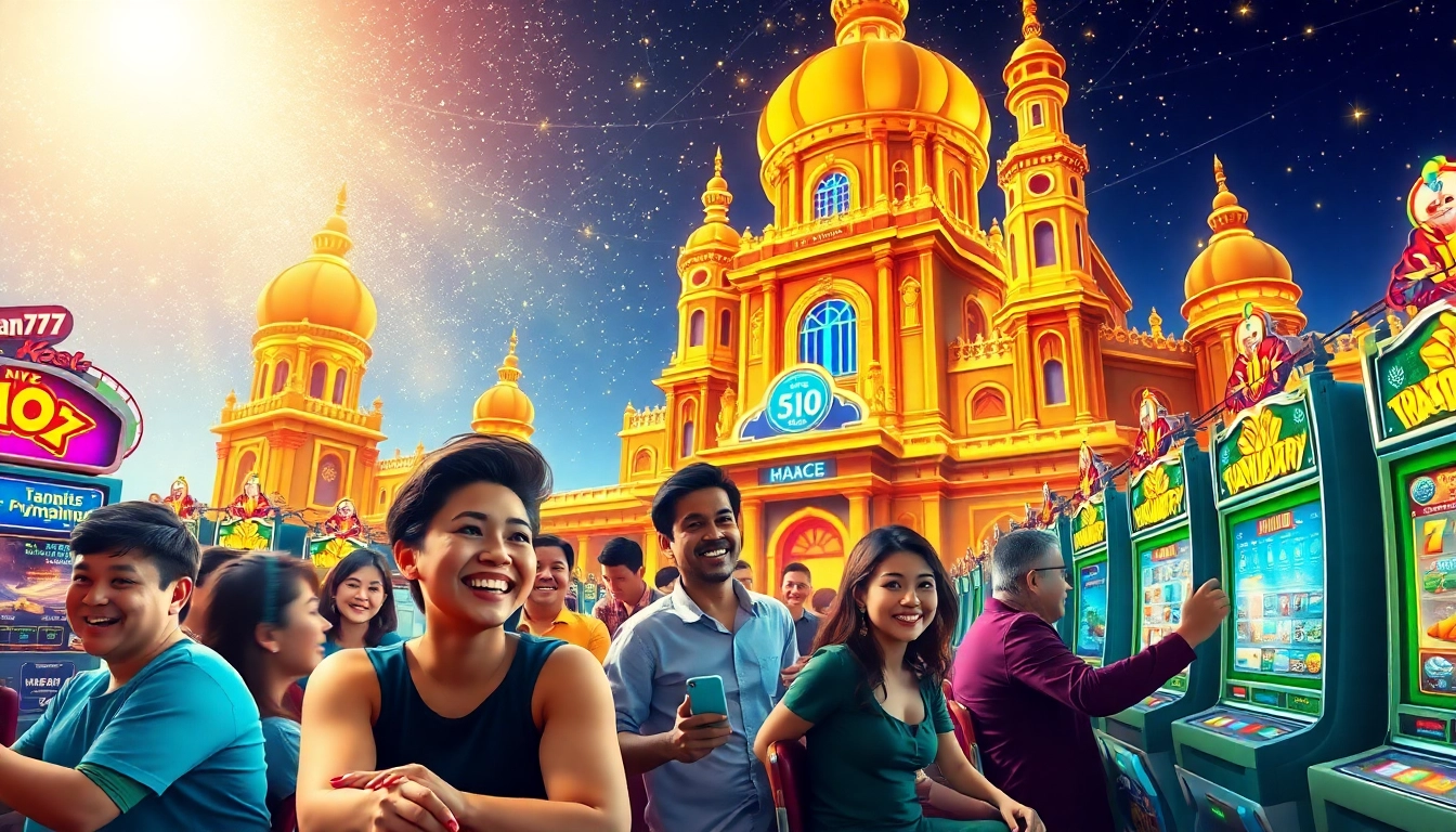 Menampilkan suasana Istana777 yang ramai dengan pemain bahagia dan mesin slot yang menarik.