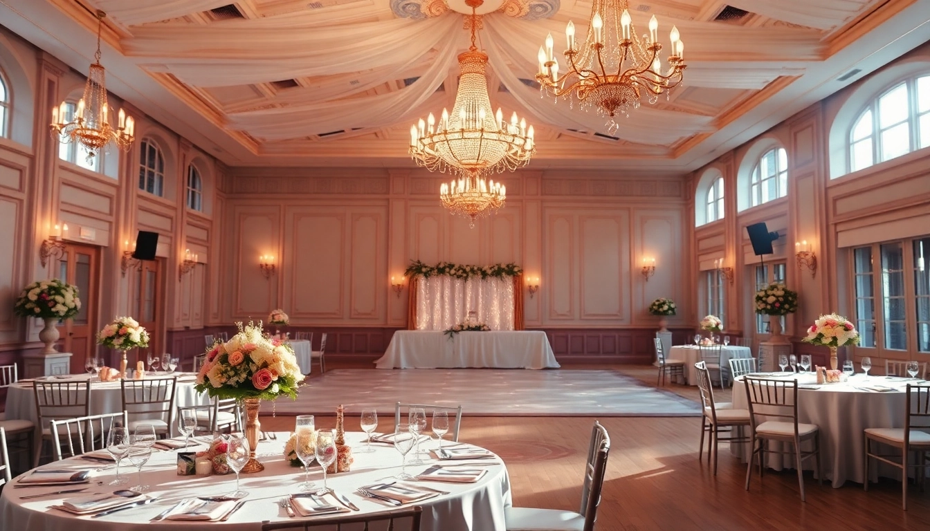Der Hochzeitssaal mit eleganter Dekoration und romantischem Ambiente einladend gestalten.